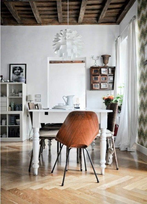 Dining room | herringbone floors + mismatched chairs