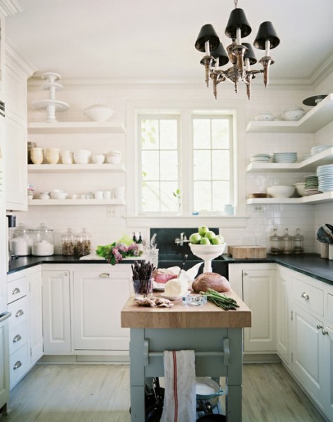 bright white kitchen with open shelving
