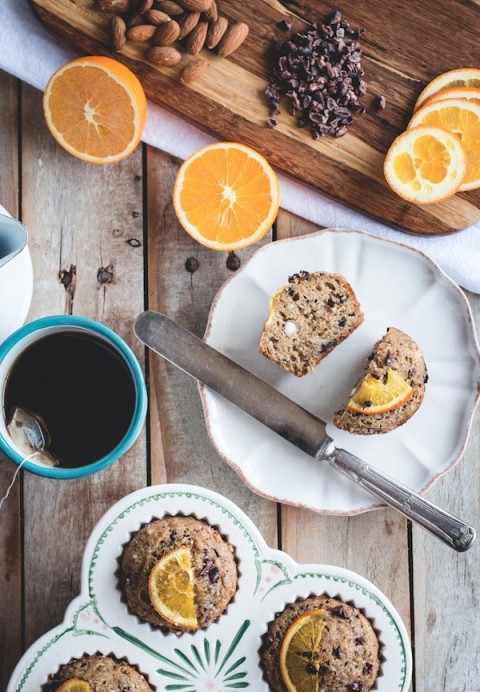 Healthy citrus, almond & cocoa nib muffins