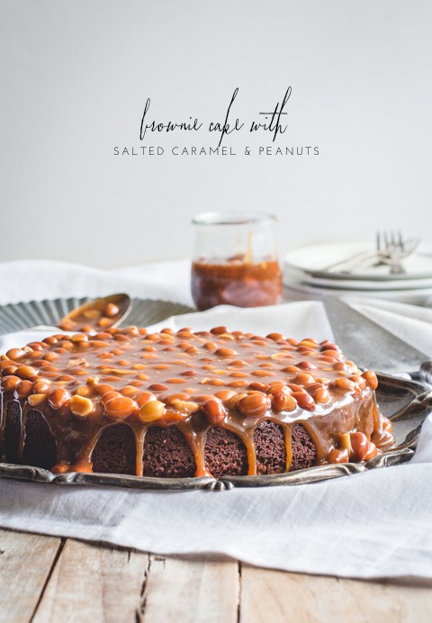 Brownie in cake form, topped with salted caramel peanut sauce