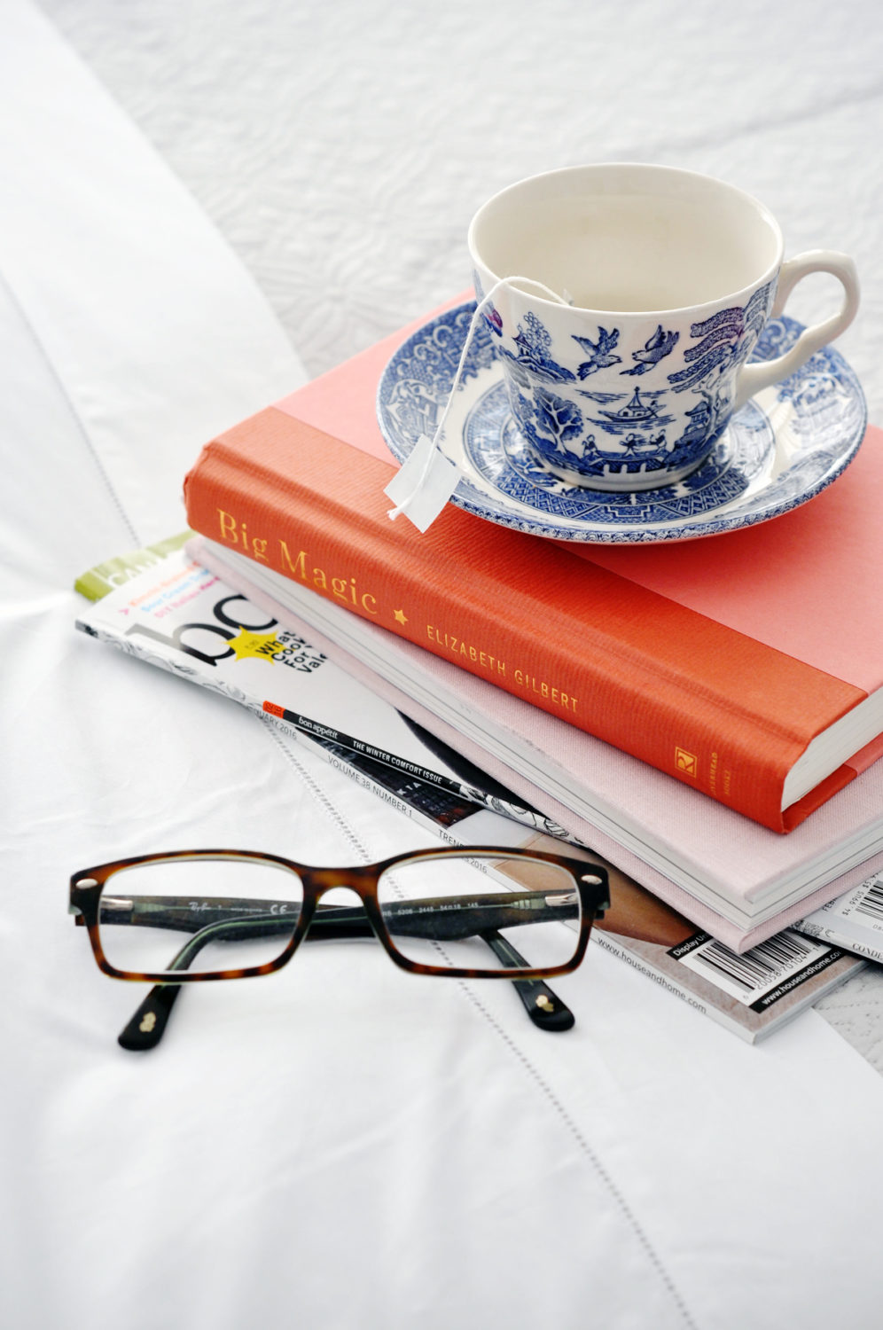 Tea, books, glasses.