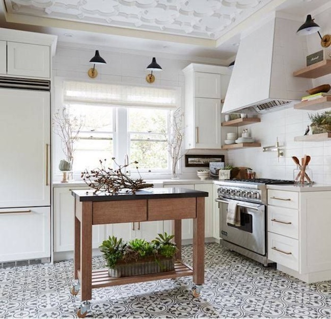 white kitchen encaustic tile floors
