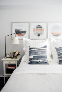 White, navy, blush bedroom