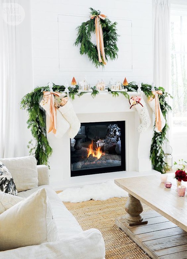 white pink christmas mantle
