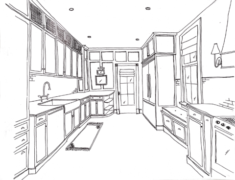 one point perspective kitchen drawing